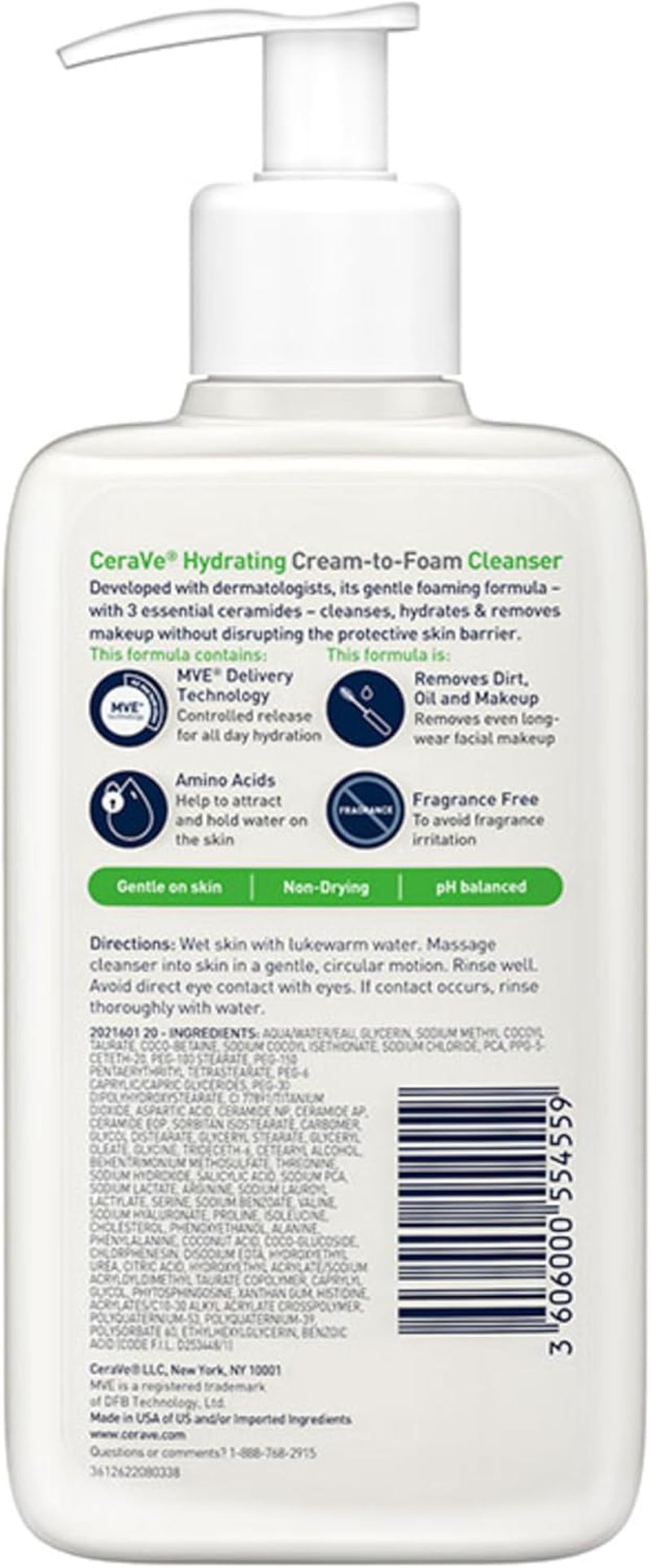 Cerave Hydrating Cream to Foam Cleanser Face Wash 236Ml, for rmal to Dry Skin, Hydrates + Removes Makeup without Disrupting the Protective Skin Barrier, Hyaluronic Acid + Ami Acids + Ceramides