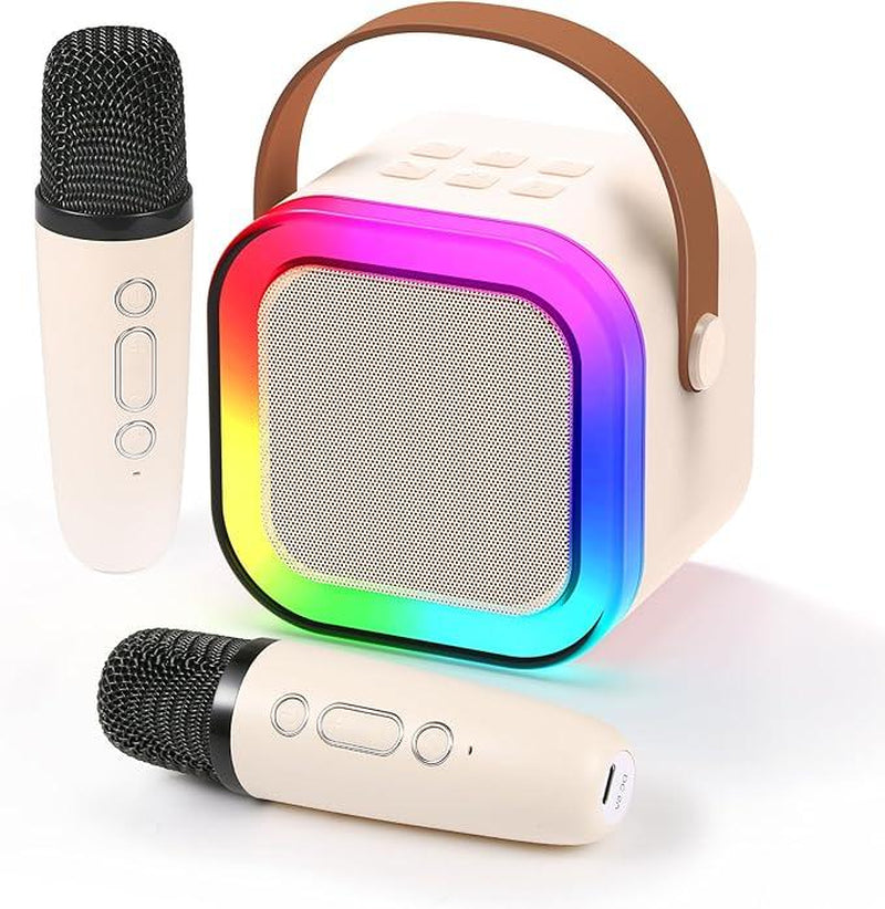 Fede Karaoke Machine - Ultimate Mini Bluetooth Speaker with 2 Wireless Microphones, LED Lights & Fun Voice Changer for Kids and Adults - Perfect Portable Karaoke Toy in Beige
