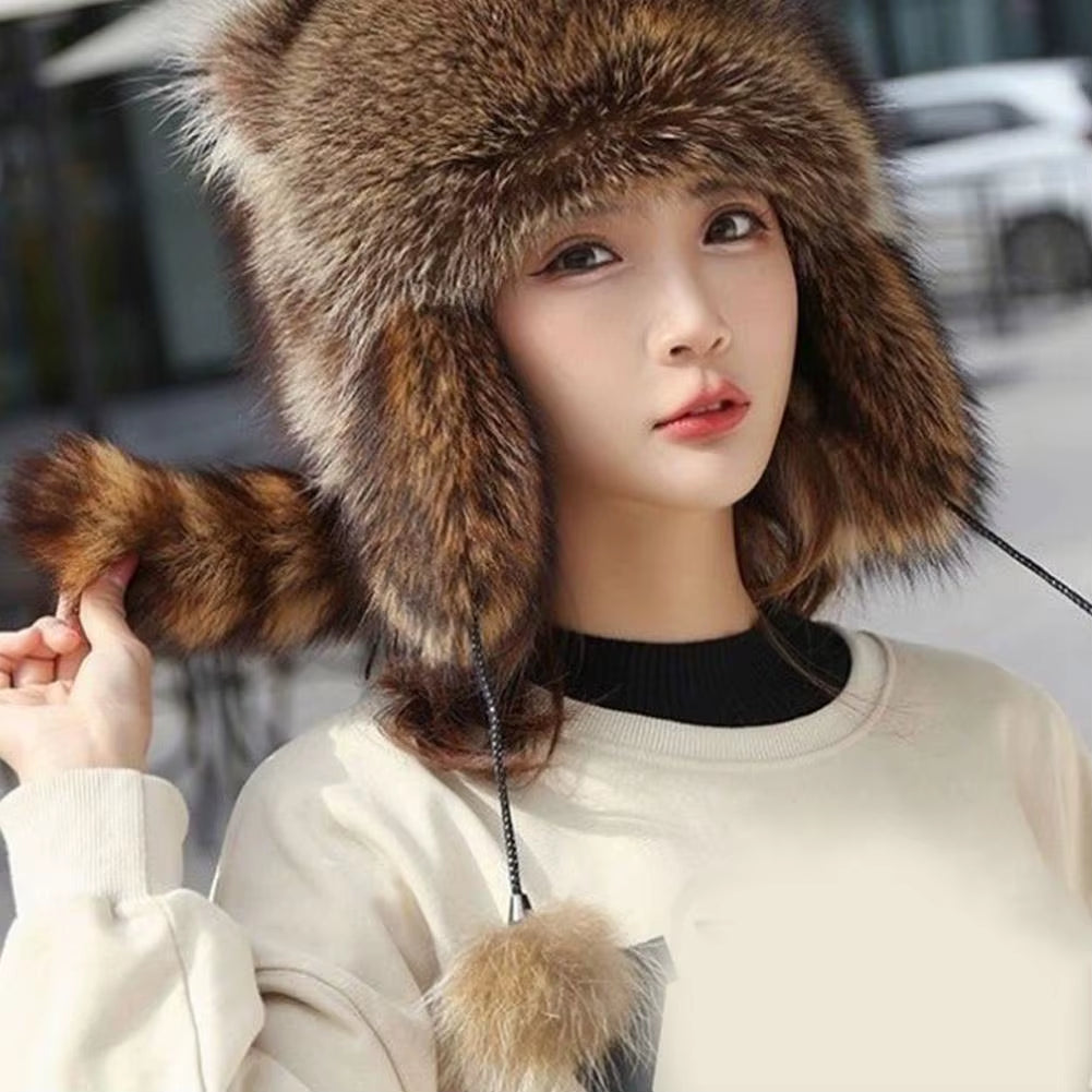 Stay Cozy and Stylish This Winter with Our Thickened Raccoon Tail Plush Cap for Women