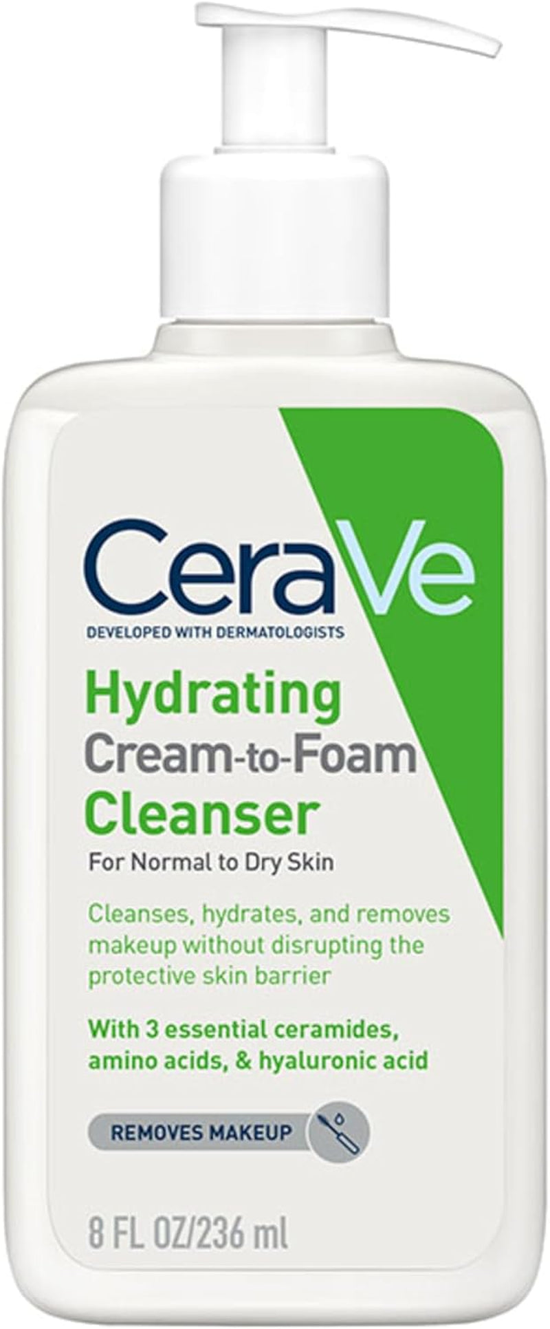 Cerave Hydrating Cream to Foam Cleanser Face Wash 236Ml, for rmal to Dry Skin, Hydrates + Removes Makeup without Disrupting the Protective Skin Barrier, Hyaluronic Acid + Ami Acids + Ceramides