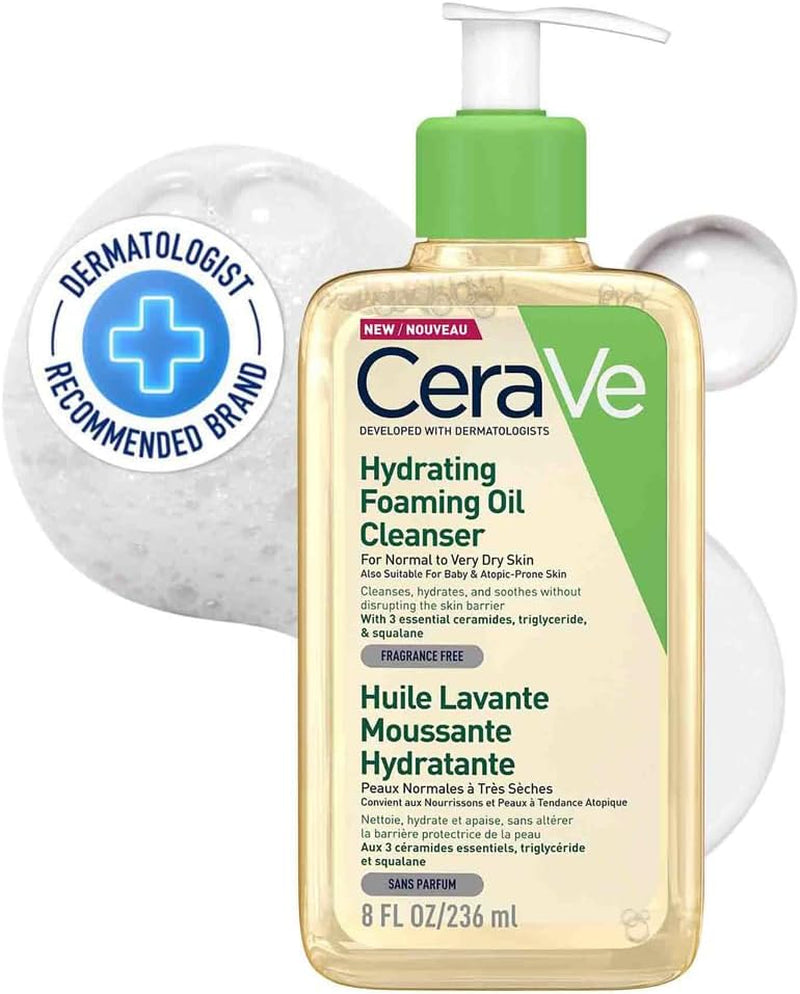 Hydrating Foaming Oil Cleanser Face Wash 236Ml, for Normal to Very Dry Skin, Suitable for Baby & Atopic-Prone Skin, for Face & Body, Squalane + Triglyceride + Ceramides, Fragrance Free