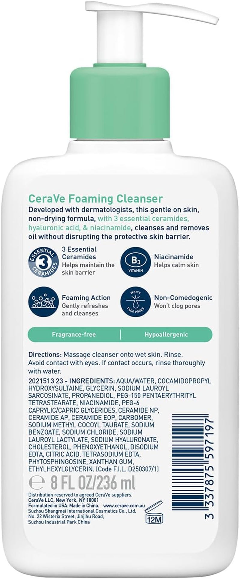 Foaming Cleanser Gel Face Wash 236Ml, Oil Control for Normal to Oily Skin, Removes Oil & Protects Skin Barrier, for Face + Body, Niacinamide + Ceramides, Fragrance Free