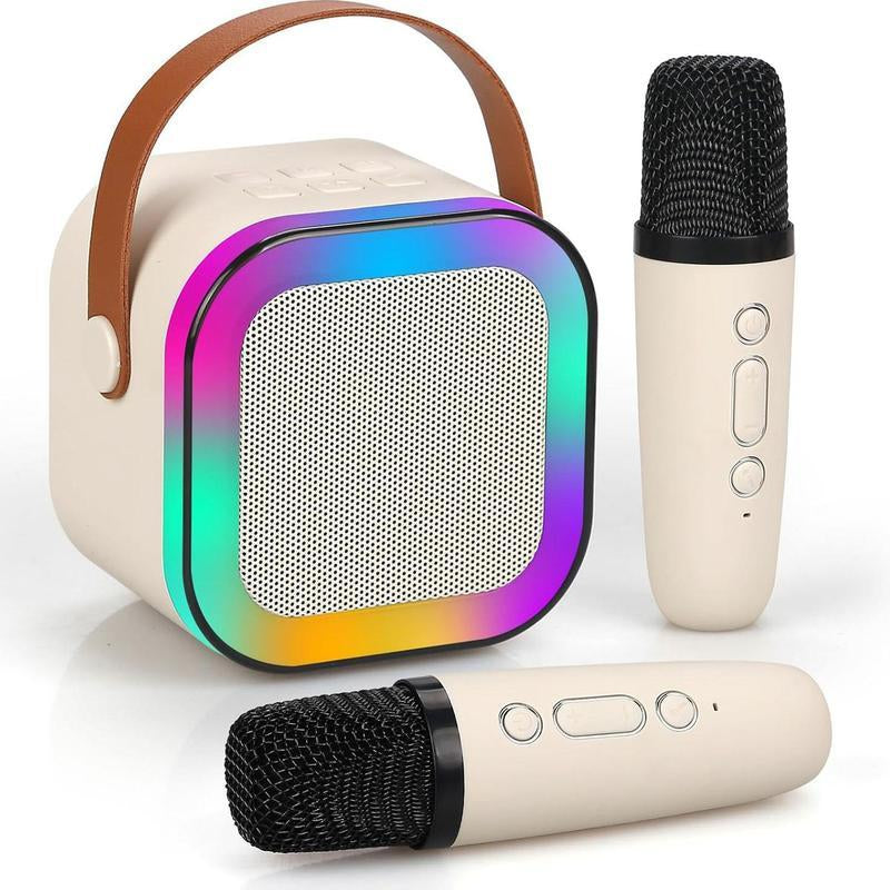 Fede Karaoke Machine - Ultimate Mini Bluetooth Speaker with 2 Wireless Microphones, LED Lights & Fun Voice Changer for Kids and Adults - Perfect Portable Karaoke Toy in Beige