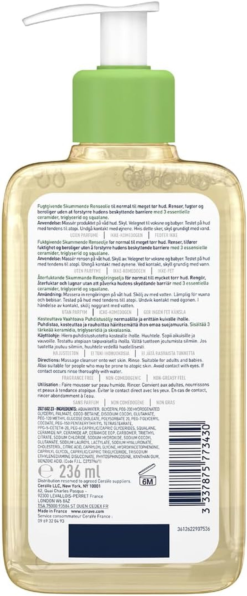 Hydrating Foaming Oil Cleanser Face Wash 236Ml, for Normal to Very Dry Skin, Suitable for Baby & Atopic-Prone Skin, for Face & Body, Squalane + Triglyceride + Ceramides, Fragrance Free